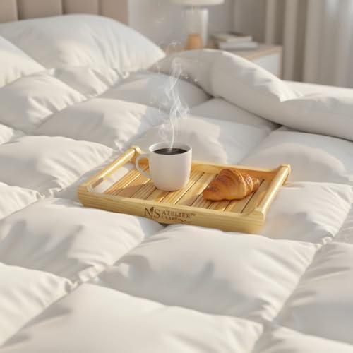 Image of Pine Wood Serving Tray Set of 2 with Handles | Medium 15x10x2.25 & Large 18x12x2.25 Inch | Multipurpose Wooden Breakfast, Tea, Coffee, Food Tray | Natural Finish
