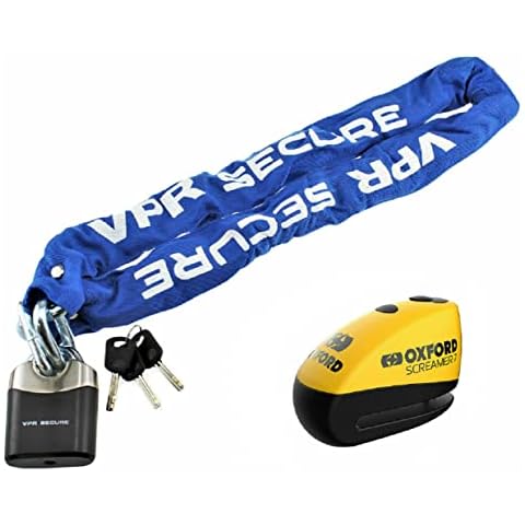 Oxford Security Motorcycle Security Motorbike VPR Sabre Bike Securing Blue Chain Lock 1.8m + Oxford Screamer 7 Alarm Disc Lock Cover