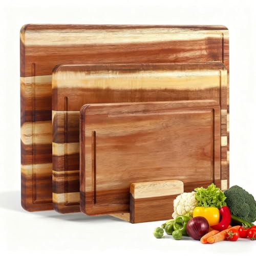 Set di 3 taglieri in legno di acacia resistente,tagliere legno,Tagliere da cucina con supporto,scanalature,percarne,verdura,frutta,pane o come vassoio da portata per gli ospiti,Taglieri legnospessi2cm