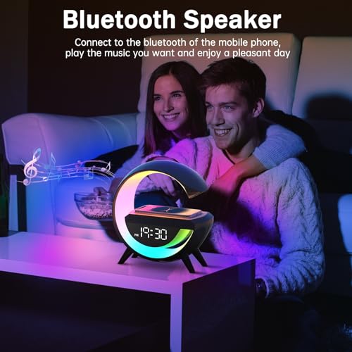 Atmosphere Lamp with 15W Wireless Charger Led Alarm Clock Dimmable Ambient Light Smart Table Lamp with Bluetooth Speaker Dazzling Running Lights 13 Modes Lights for Adults Kids Office Bedroom (Black) - Image 5