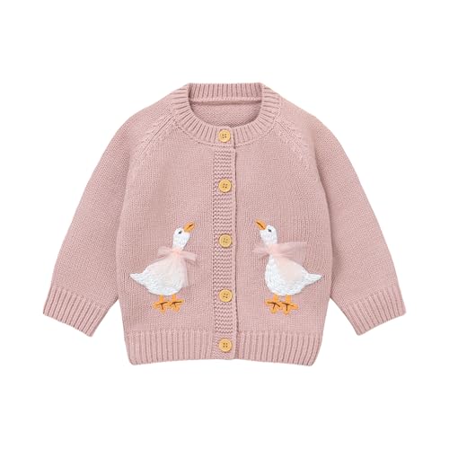 DovFanny Baby Toddler Girl Cardigan Warm Sweater Floral Long Sleeve Jumpers Coats Knitted Clothes with Cute Goose (UK Age 6 Months 9 Months Pink)