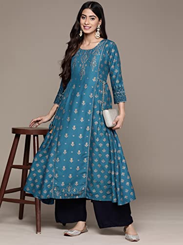 Image of ishin Women's Silk Teal Embellished Foil Print A-Line Flared Kurta