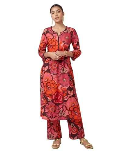 Lookmark Women's 3/4 Sleeve Floral Printed Kurti Pant Set, Cotton Blend, Knee Length, Stylish Ethnic Outfit, Office, And Casual Occasions (Az-Lm-Og1-Ks2168-Xxl) Red