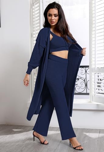 Image of Fixmatti Women's Fuzzy 3 Piece Sweatsuit Open Front Cardigan Crop Tank Tops Wide Legs Pants Lounge Sets
