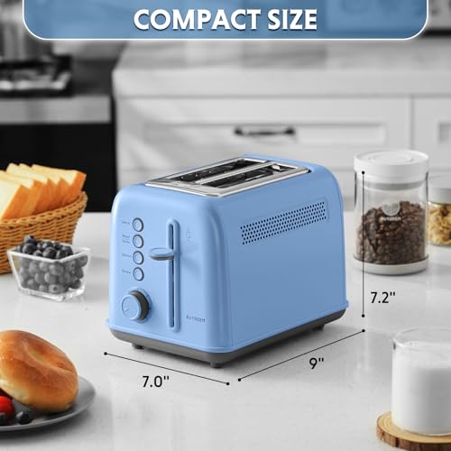 Image of BUYDEEM DT620 2-Slice Toaster, Extra Wide Slots, Retro Stainless Steel with High Lift Lever, Bagel and Muffin Function, Removal Crumb Tray, 7-Shade Settings,Blue