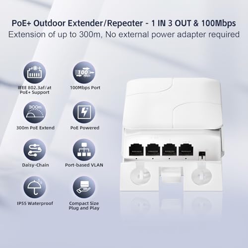Image of Outdoor 4 Port PoE Extender, 1 in 3 Out PoE+ Switch, 10 /100Mbps, IEEE 802.3 af /at 30W, Wall Mount Waterproof YuLinca POE Passthrough Switch
