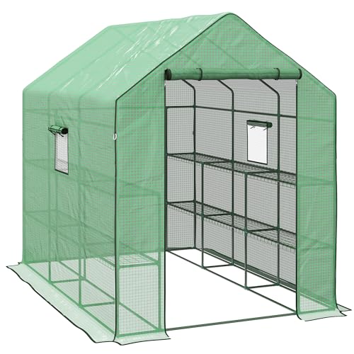 Outsunny Walk-in Greenhouse with 3 Tier Shelves, Outdoor Green House Garden Grow House with Reinforced PE Cover, Roll-up Door and Mesh Windows, 140 x 213 x 190cm, Green