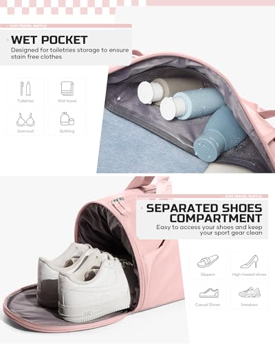 Image of Pink Gym Bag for Women & Men with Wet & Shoe Compartment, Small Duffle Bag for Travel, Sport, Gym, Workout, Overnight, Weekender, Carry-on