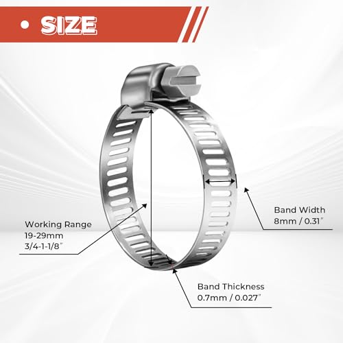 24 Pack 3/4\'\' - 1 1/8\'\' Worm Gear Hose Clamps, Adjustable Range 19-29mm 304 Stainless Steel Fuel Line Hose Clamps for Pipe, Plumbing, Automotive And Mechanical Application