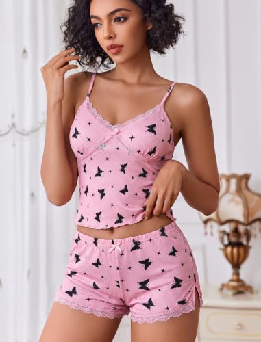 Image of Avidlove Women's Soft Ribbed Knit Cami Pajama Set Sexy V Neck Lace Trim Sleepwear Side Slit Shorts Lingerie Nightwear