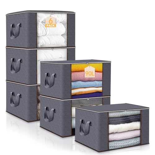 Lot de 6 Sac Rangement Vetement, 90L Caisse rangement Pliable, Conteneurs de Rangement pour Organiser Les Chambres, Armoires, Vêtements, Couettes, avec Couvercle et Poignée, Gris