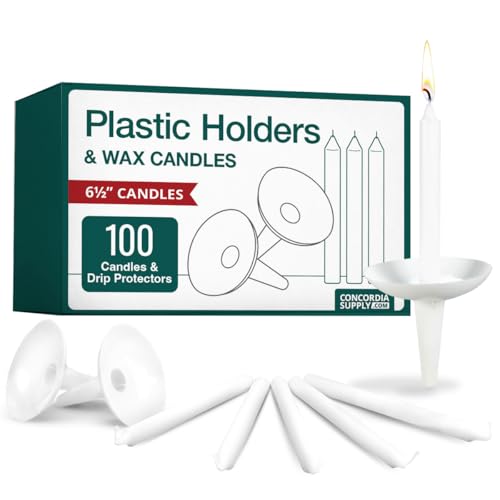 Concordia Supply 6.5" Candlelight Service Vigil Candles with Plastic Candle Holders (Set of 100) - Convenient for Memorial Candles, Congregational Candles, Christmas Eve Candles, Shabbat Candles