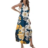 Generic Sundresses for Women,2024 Spring Summer Elegant Wrap V Neck Sleeveless Maxi Dress,Trendy Floral Print Flowy Beach Dress Flutter Sleeveless Dress for Women(Ab Navy X-Large)