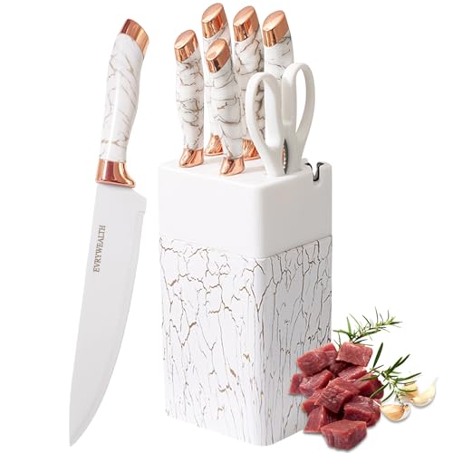 lapelux Kitchen Knife Set - 6 Piece Knife Set with Block .Stainless Steel Knivese with Chef Bread Knife Kitchen Scissors for Cutting Meat/Vegetables/Fruit.White