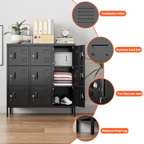 Image of Aobabo 9 Doors Metal Storage Locker for Employees, Steel Storage Locker with Lock and Card Slot, for Home, Office, School, Gym, Require Assembly, Black