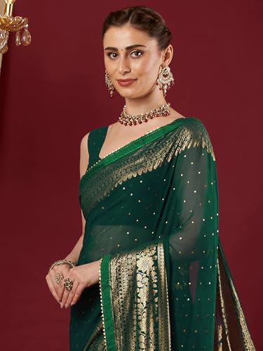 Image of SAMAH Women's Georgette Foil Printed Lace Work Saree with Unstitched Blouse Piece
