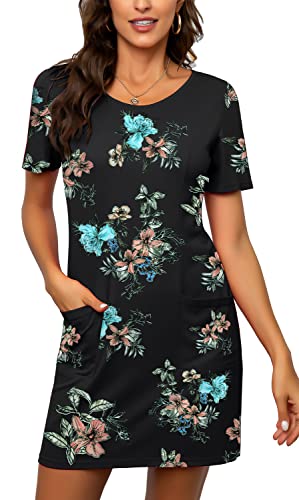 ANRILITA Damen Freizeitkleider Rundhalsausschnitt Kurzarm Swing Petite Midikleid mit Taschen, Schwarz mit Blumenmuster, Groß