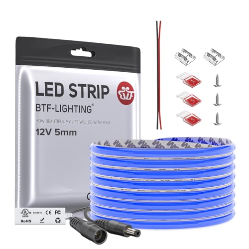 Image of BTF-LIGHTING FCOB COB LED Strip Blue Color 5mm Width UL Listed Super Narrow Flexible Uniform Light DC12V 16.4FT CRI 90+ Dimmable LED Ribbon for Bedroom Home Indoor Decor(No Adapter or Controller)