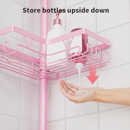 Image of KEGII Shower Caddy Tension Pole, 4-Tier Rustproof Adjustable Corner Bathroom Organizer for Renters, 25-114.2 Inch No Drill Space-Saving Shower Storage Rack, Pink
