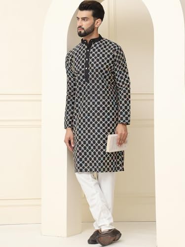 Image of SOJANYA, Men's Silk Blend NavyBlue Kurta with Multi Color Embroidery and Off-White Pyjama