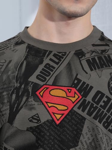 Image of The Souled Store Superman: Men and Boys Short Sleeves Round Neck Grey Embroidered Cotton Oversized T-Shirts