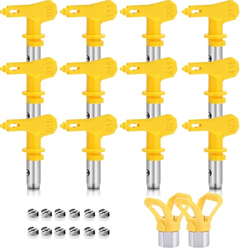 Hanured® 12 Stück Airless Farbsprühdüsenspitzen, Airless düse mit 2 Düsenspitzenschutz, für airless farbsprühgerät, farbsprühsystem (109,111,209,211,311,315,411,415,515,517,621,623)