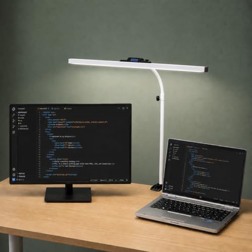 Image of Isomars LED Desk lamp for Computer Monitor and Laptop, Eye Friendly Study lamp with Clamp, 3 Color Modes & 10 Step Brightness, 24 Inch, Perfect for Reading, Studing, Working (24 inch White-Table Mount)
