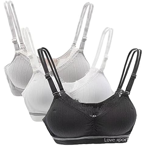 Anntry Teen Girls Cotton Bras Breathable Underwear Wire Free Sports Bra with Adjustable Straps Training Bralette for Women Girls (Pack of 3) (32, Black+White+Grey) Cover