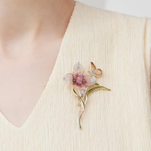 Image of Handmade Embroidery Flower Brooch Pins for Women, SHE'S FREE STYLE JUST FOR YOU Luxury Gradient Stitching Floral Brooch Pins with Crystal stamen, Enamel Metal Butterfly with Green Leaves, Hand Dripping Oil Jewelry pins