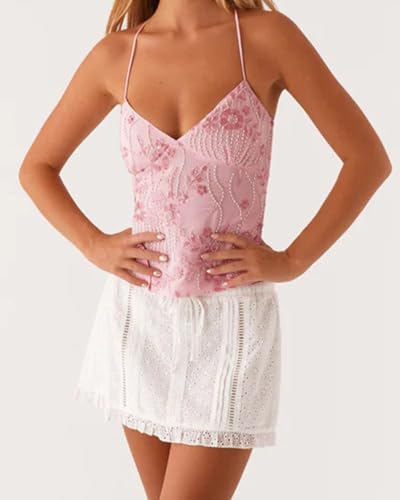 Women Y2K Sequin Rhinestone Criss Cross Straps Crop Cami Top Sexy V Neck Backless Floral Embroidery Halter Tank4