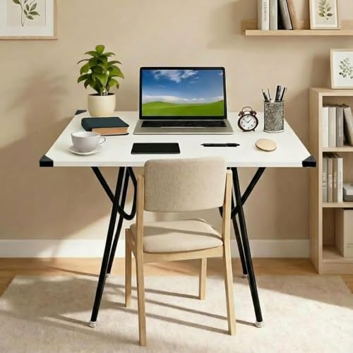 Image of Mighty Home Multipurpose Foldable Study Table | Laptop Desk for Home & Office | 2-Seater Dining Table | Portable Design | Safe Corner Protection | Engineered Wood Top & Metal Frame | Pearl White
