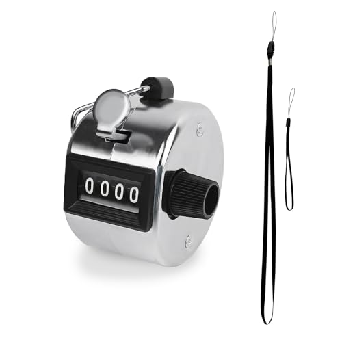 GDMINLO Metal Hand Tally Clicker Counter, 4-Digit Number Count Clicker with Metal Case Mechanical Counter for Coaching, Knitting, Lap, Fishing, Golf and Row with 2-Nylon Lanyard,Silver