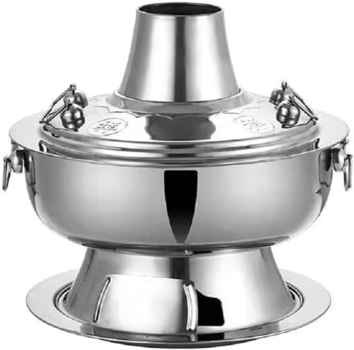 Vexnar 旧北京式 炭火&電気両用 火鍋 銅風ステンレス鍋 しゃぶしゃぶ/ホットポット 鴛鴦鍋 36cm ブラウン 家庭用/卓上/キャンプ/パーティー 中華鍋具 伝統デザイン 高耐久 省煙 (36cm,シルバー)