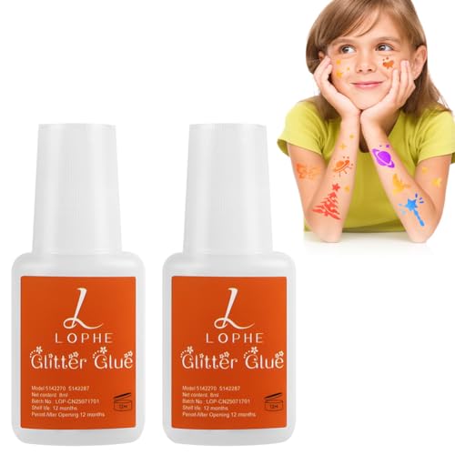 LOPHE 2 Pièces Colle Temporaire de Corporelle, Gel pour Tatouage à Paillettes, 8 ml Colle de Tatouage Temporaire, Gel Flash pour Tatouage, Glitter Glue pour Carnaval,...