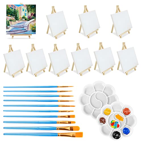 32Pcs Mini Caballetes con Lienzo de Arte, 10 Pequeños Caballetes Triangulares de Artista con 10 Lienzos, 10 Pinceles y 2 Paletas de Pintura, Kit de Soporte de Pintura en Lienzo para Fiestas de Dibujo