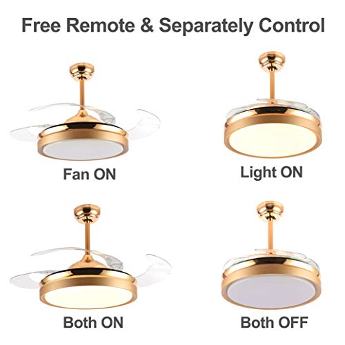 Image of 36'' Retractable Ceiling Fan with LED Light and Remote Control, Retractable Blades, 3 Color Dimmable Modern Ceiling Fan for Bedroom /Living Room /Dining Room Gold
