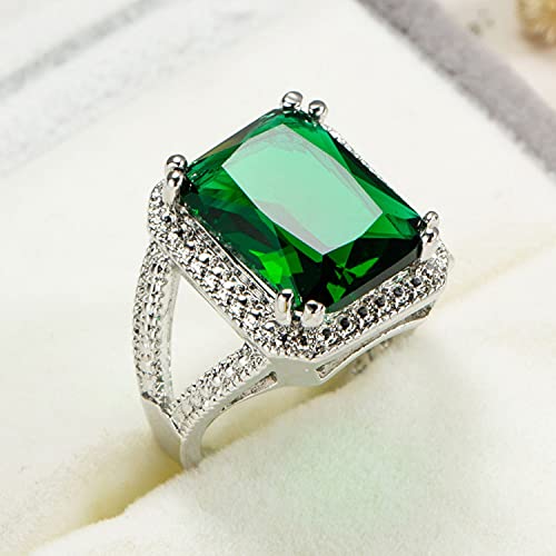 Chenfeng Women's White Gold Plated Emerald Cut Big Green Square Women's Zircon Ring Cubic Zirconia Halo Statement Wedding Flower Ring (8) #TOP12
