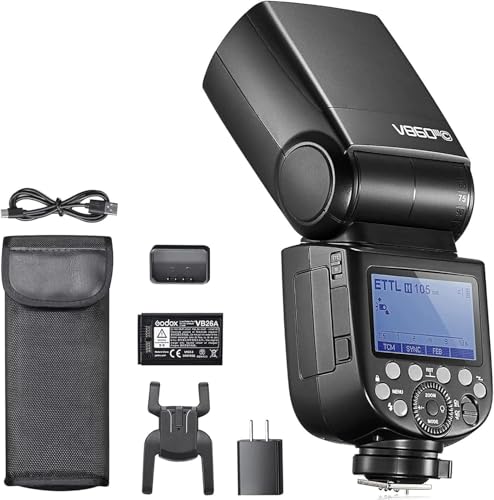 Godox V860III-C - Flash para cámaras Canon (76 W, 2,4 G, HSS 1/8000s, con luz Ajustable de 10 velocidades, batería de Litio de 7,2 V/2600 mAh, Incluye difusor, Filtro de Color, minisoftbox