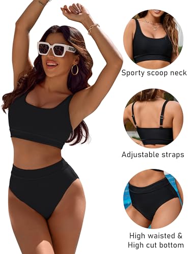 Image of BMJL Women's High Waisted Bikini Sets Sporty Two Piece Swimsuits Color Block Tummy Control Modest Bathing Suit