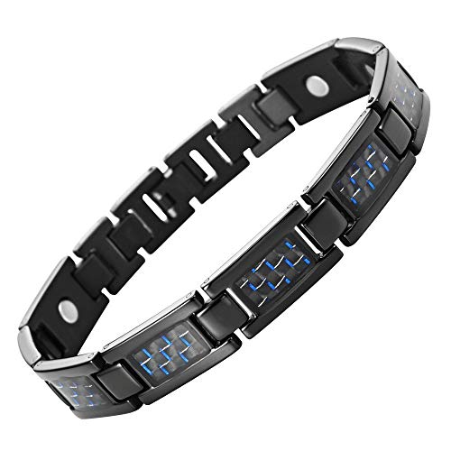 Preisvergleich Produktbild Urban-Jewelry Herren Schwarzes Gliederarmband Edelstahl Titan Elemente - Blau Kohlefaser Intarsien (Magnetfeldtherapie)