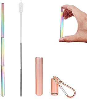 KELYDI Reusable Metal Straws Collapsible with Case, Eco-Friendly Retractable Folding Metal Straw Portable Drinking Straws for Home Office and Travel (Rose Gold & Iridescent)