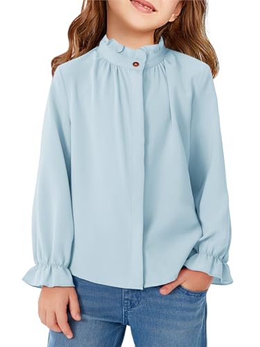 Image of Haloumoning Girls Ruffle Blouse Long Sleeve Shirts, Blue, 10-12 Years