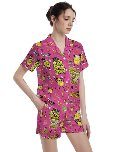 Image of Funny Pajamas for Women Set Print Satin Loungewear Pjs Short Sleeve Button Down Top and Shorts Sets Sleepwear XS-3XL