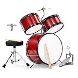 Ktaxon 3-Piece Drum Set, 14 Inch Beginners Drums Kit with Throne Stool, Pedal & 2 Pairs of Drumsticks, Junior Drums Set Musical Instruments W/Cymbal, Tom, and Snare Drum (Red)
