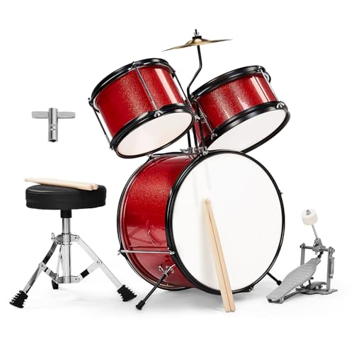 Ktaxon 3-Piece Kids Drum Set, 14 Inch Beginners Drums Kit with Throne Stool, Pedal & 2 Pairs of Drumsticks, Junior Drums Set Musical Instruments W/Cymbal, Tom, and Snare Drum (Red)