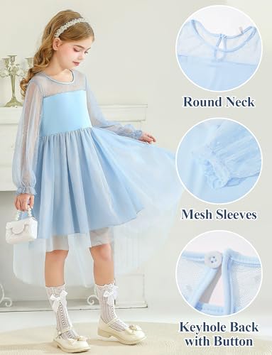 Happy Cherry Girls Puff Long Sleeve Contrast Mesh High Low Layered Dress Polka Dor Party Formal Sundress3