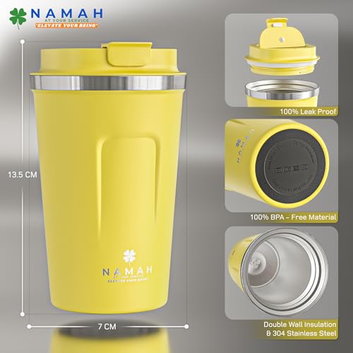 Image of Namah Insulated Coffee Mug Travel with Lid 380ML Stainless Steel Coffee Tumbler Cup for Office & Home, Leak Resistant Matte Finish Hot & Cold Travel Coffee Mug for Men & Women Gift (Sun Kissed)