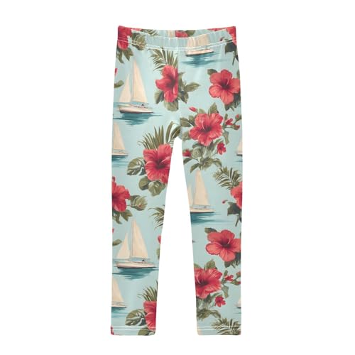 Red Hibiscus Flower Boat Girls Leggings Soft Stretch Workout Yoga Dance Pants for Kids Casual Tights
