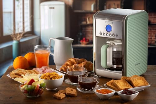 Ariete Vintage American Coffee Machine 1342, Tempered Glass Carafe, up to 12 Cups, 24 Hour Programming Timer, Auto Shut-Off, Drip-Proof, Heated Plate, 1.5 L Capacity, 2000W (Green)