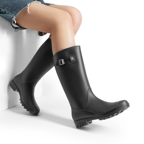DREAM PAIRS Kniehohe Damen Regenstiefel mit seitlicher Schnalle Gummistiefel damen,Size 39,Schwarz,DWEMRB2503